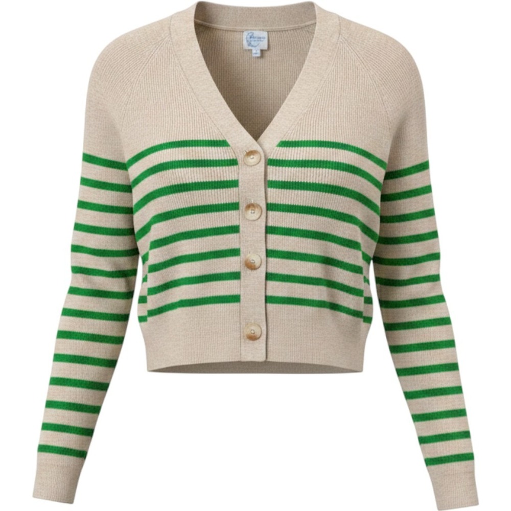 Blue Rain Women Small Sweater Cardigan Tan Green Striped Ribbed Academia Preppy